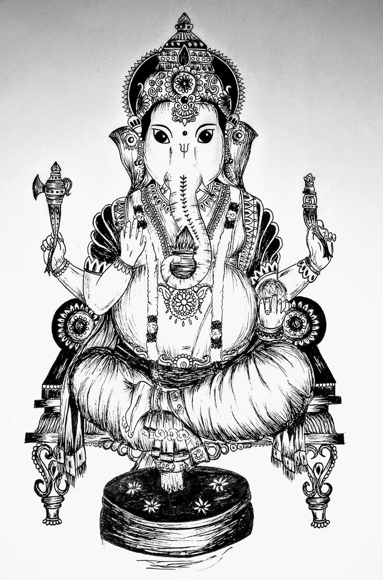 Lord Ganesha Drawing Pencil Sketch Colorful Realistic Art Images Drawing Skill 8.27 x 11.81 x 0.08 in (unframed) / 7.48 x 11.02 in (actual image size) signed. drawing skill