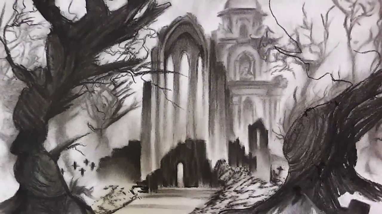 Graveyard Drawing, Pencil, Sketch, Colorful, Realistic Art Images