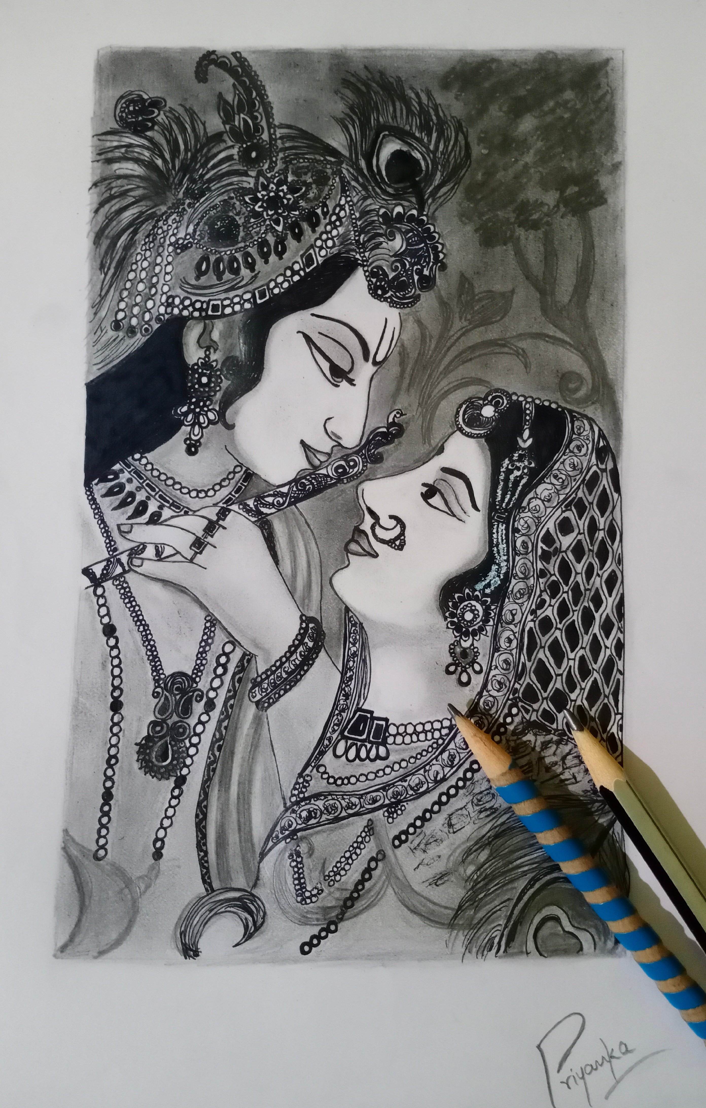 Pencil Sketch Radha Krishna