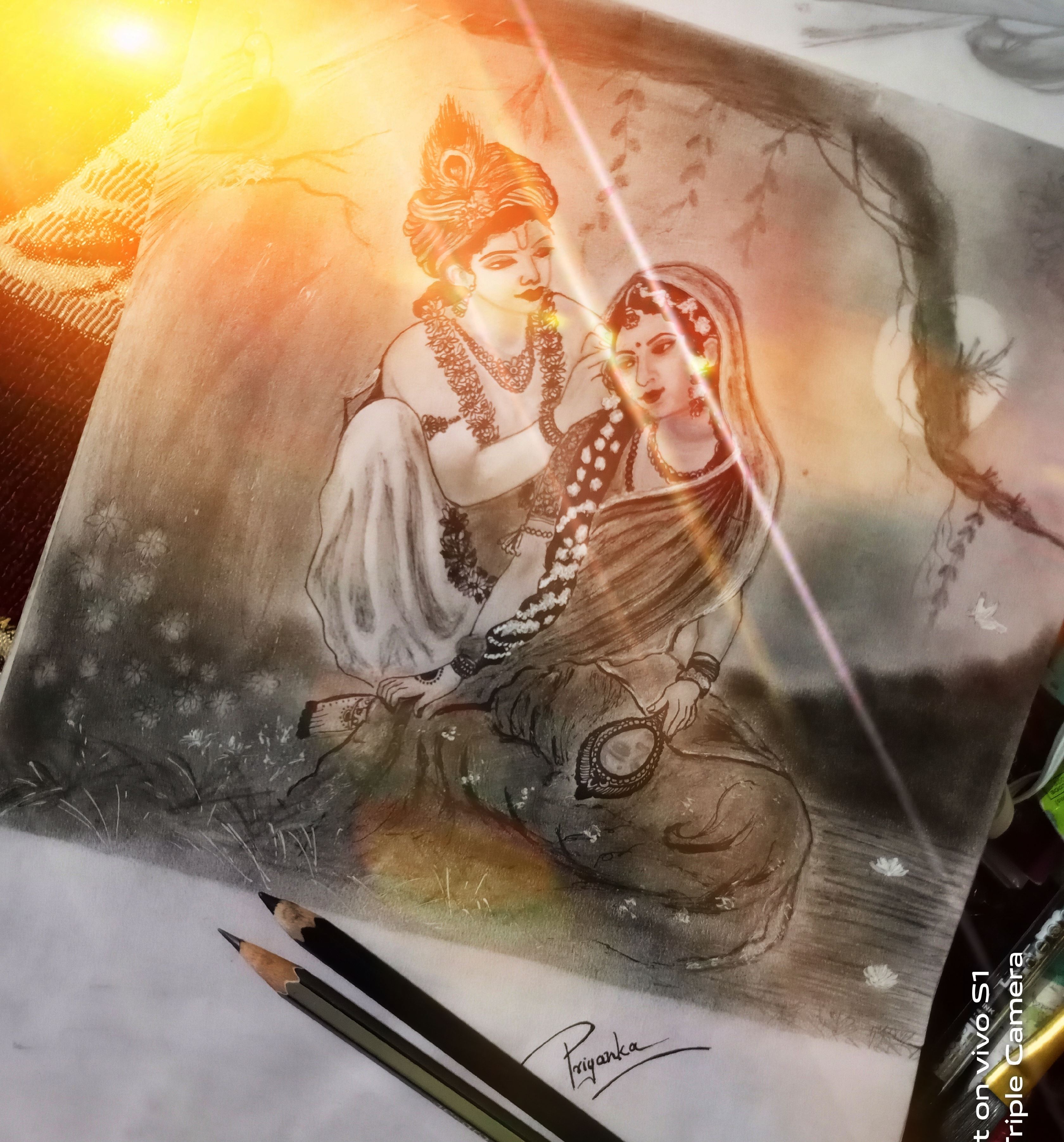 Easy Radha Krishna Pencil Sketch / Luster finish and on canvas.