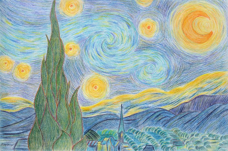 Starry Night Drawing, Pencil, Sketch, Colorful, Realistic