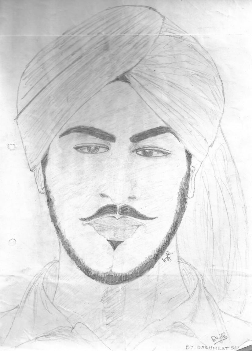 Bhagat Singh Drawing, Pencil, Sketch, Colorful, Realistic Art Images
