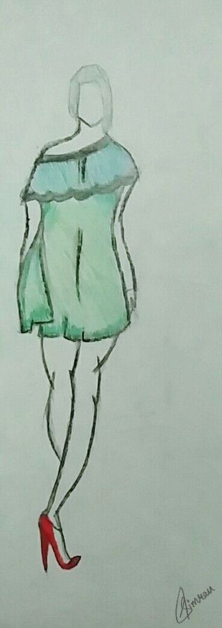 Fashion Girl Green Dress Colored Drawing
