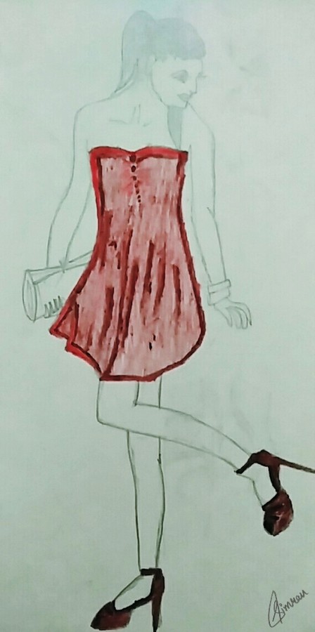 Fashion Girl Red Dress Colored Drawing