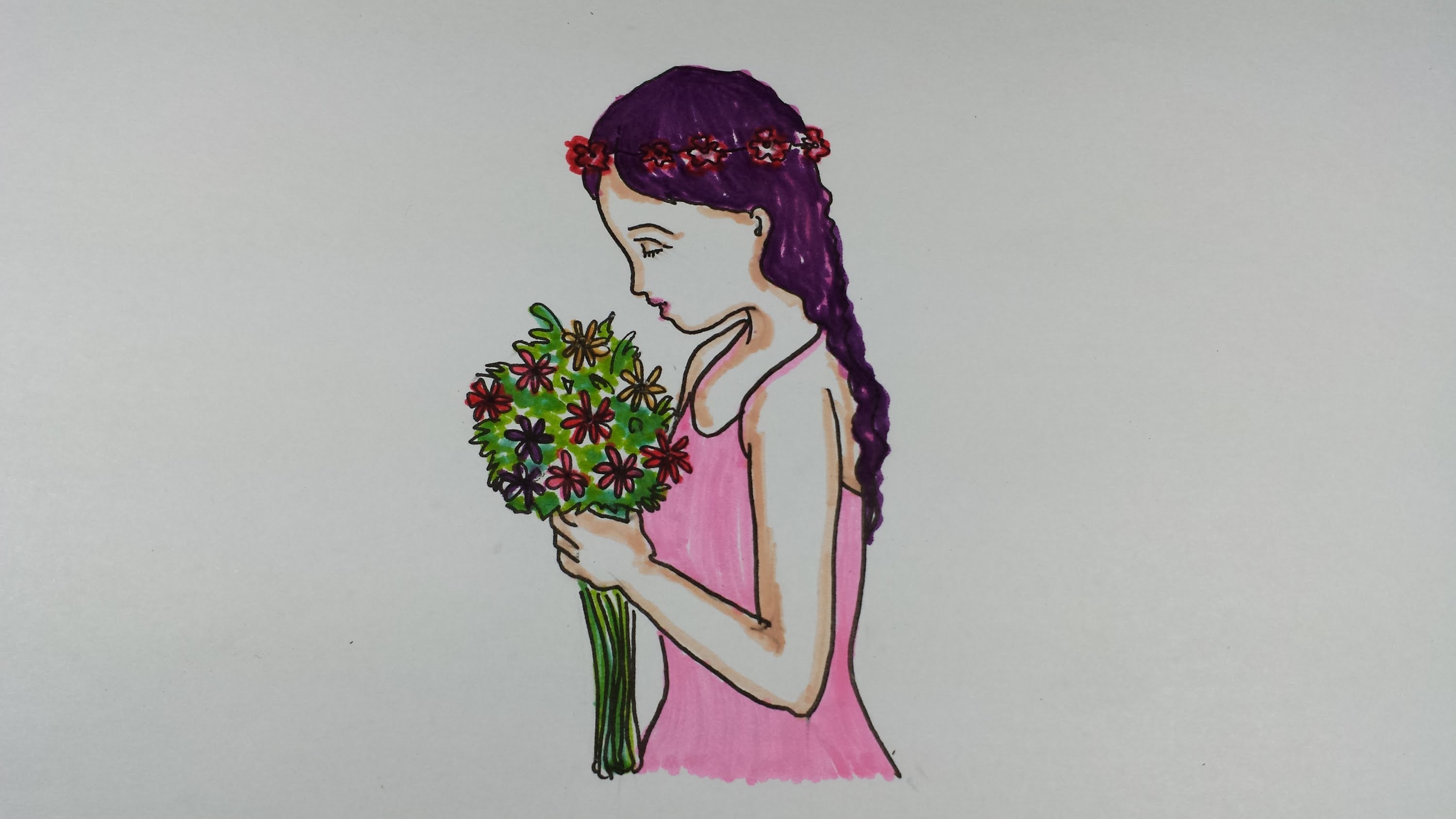Girl With Flowers High-Quality Drawing