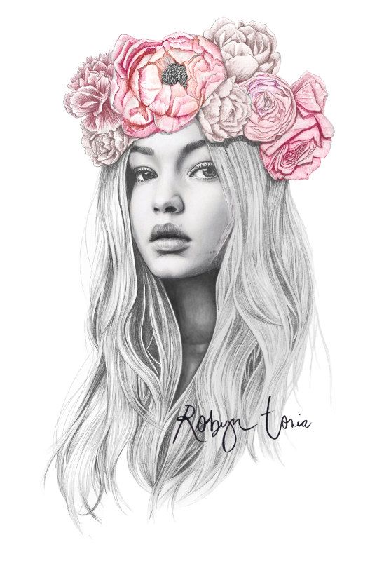 Girl With Flowers Image Drawing