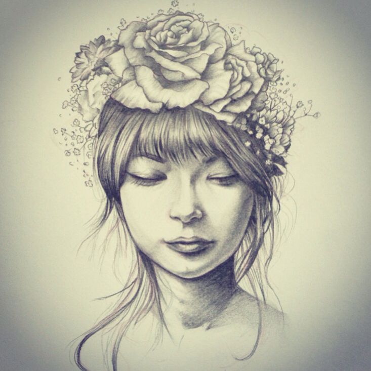 Girl With Flowers Pic Drawing