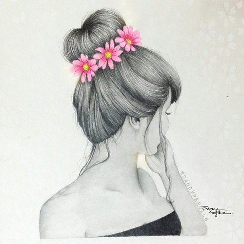 Girl With Flowers Picture Drawing