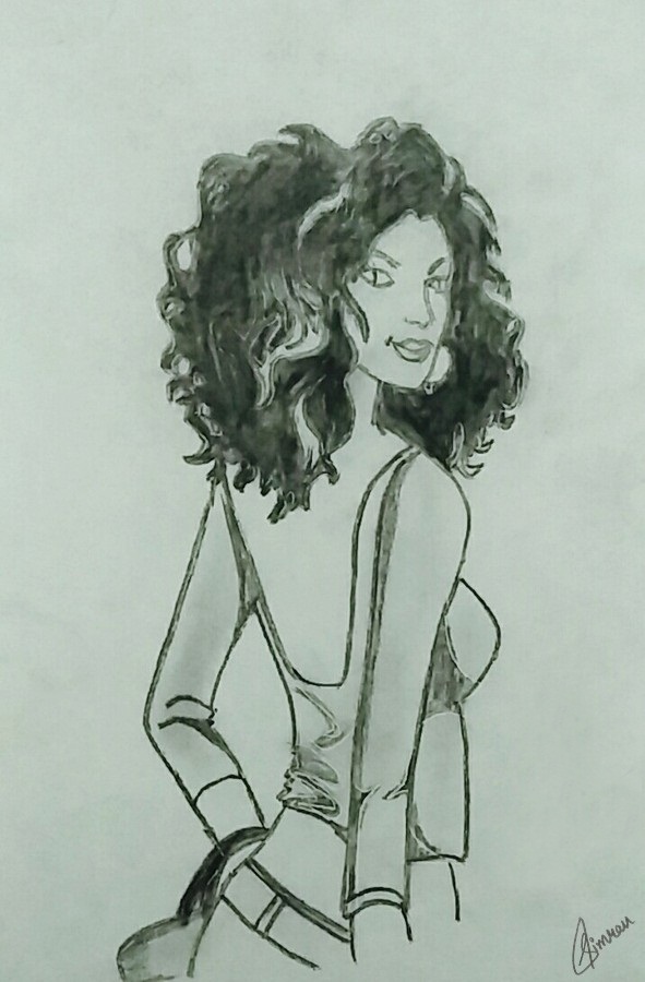 Medium Curly Hair Girl Wearing Top Drawing