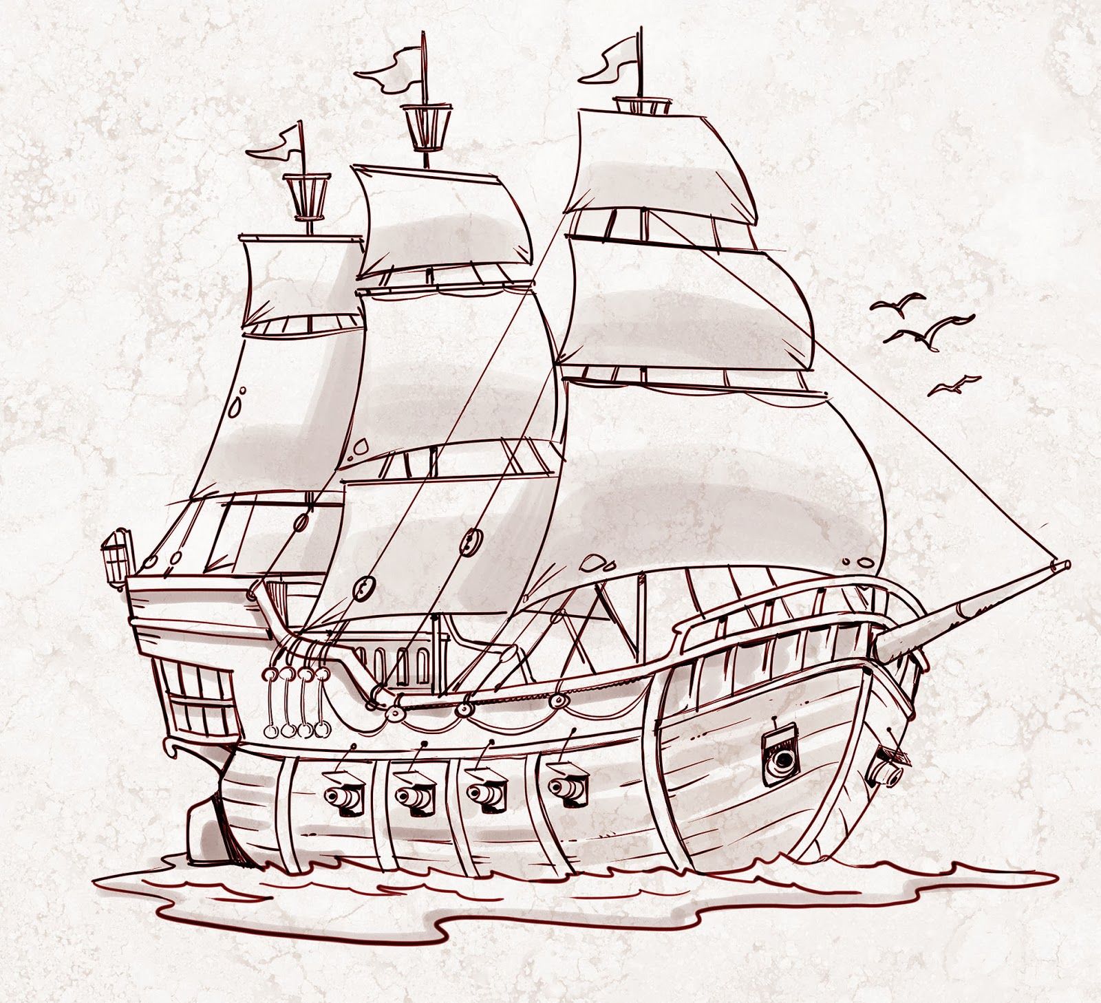 Pirate Boat Realistic Drawing