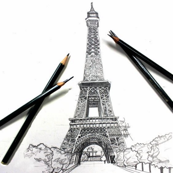 Paris Eiffel Tower illustration, Eiffel Tower Drawing Illustration,  Hand-painted Eiffel Tower 