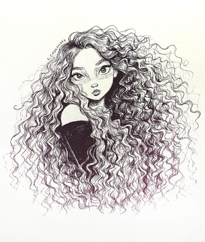 Curly Hair Girl Drawing High-Quality