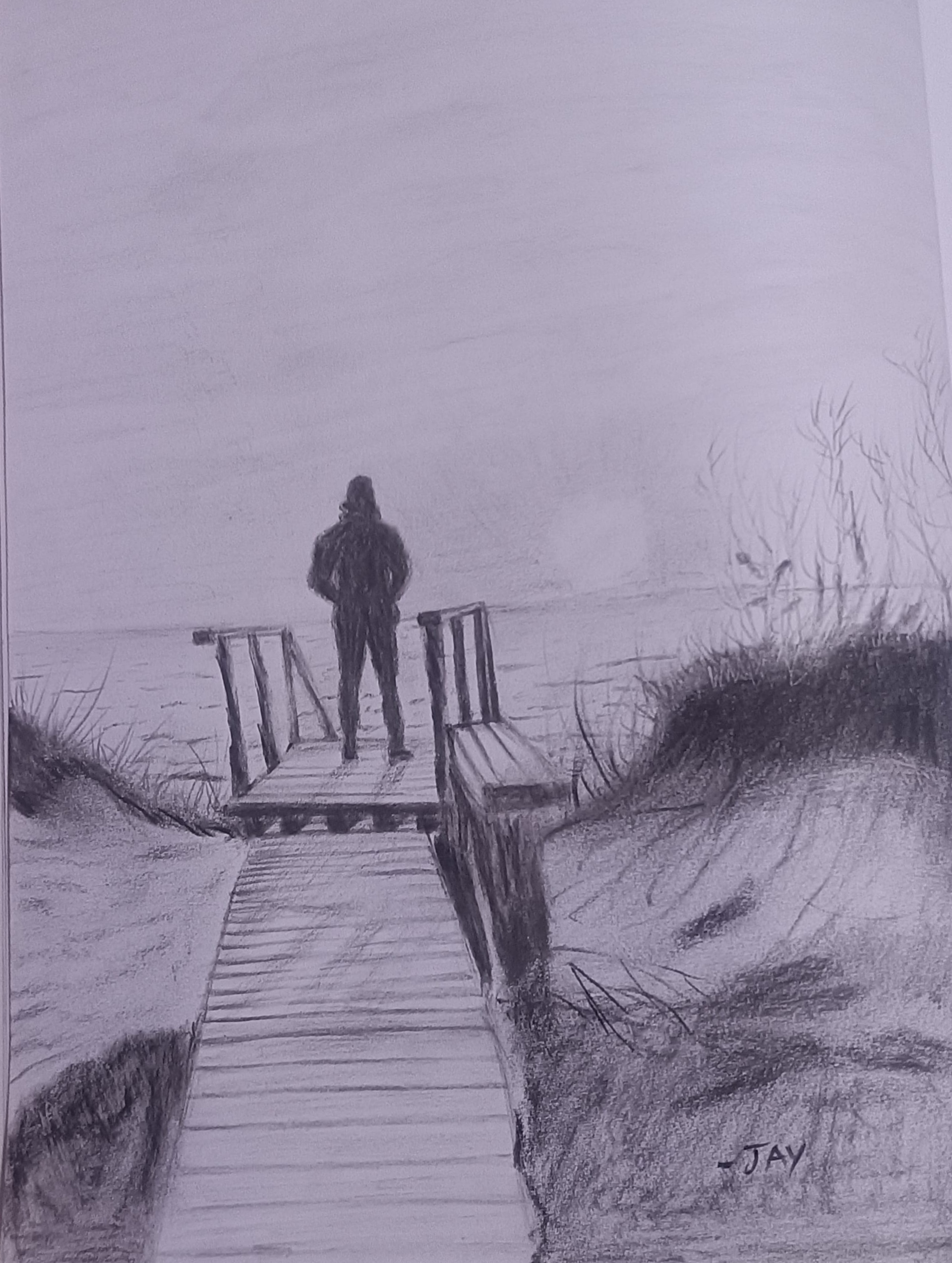 Lonely Man Standing Alone Seaside – Charcoal Pencil Drawing