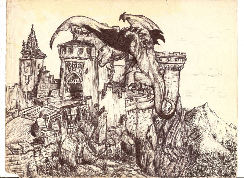 Dragon And Castle Drawing Art