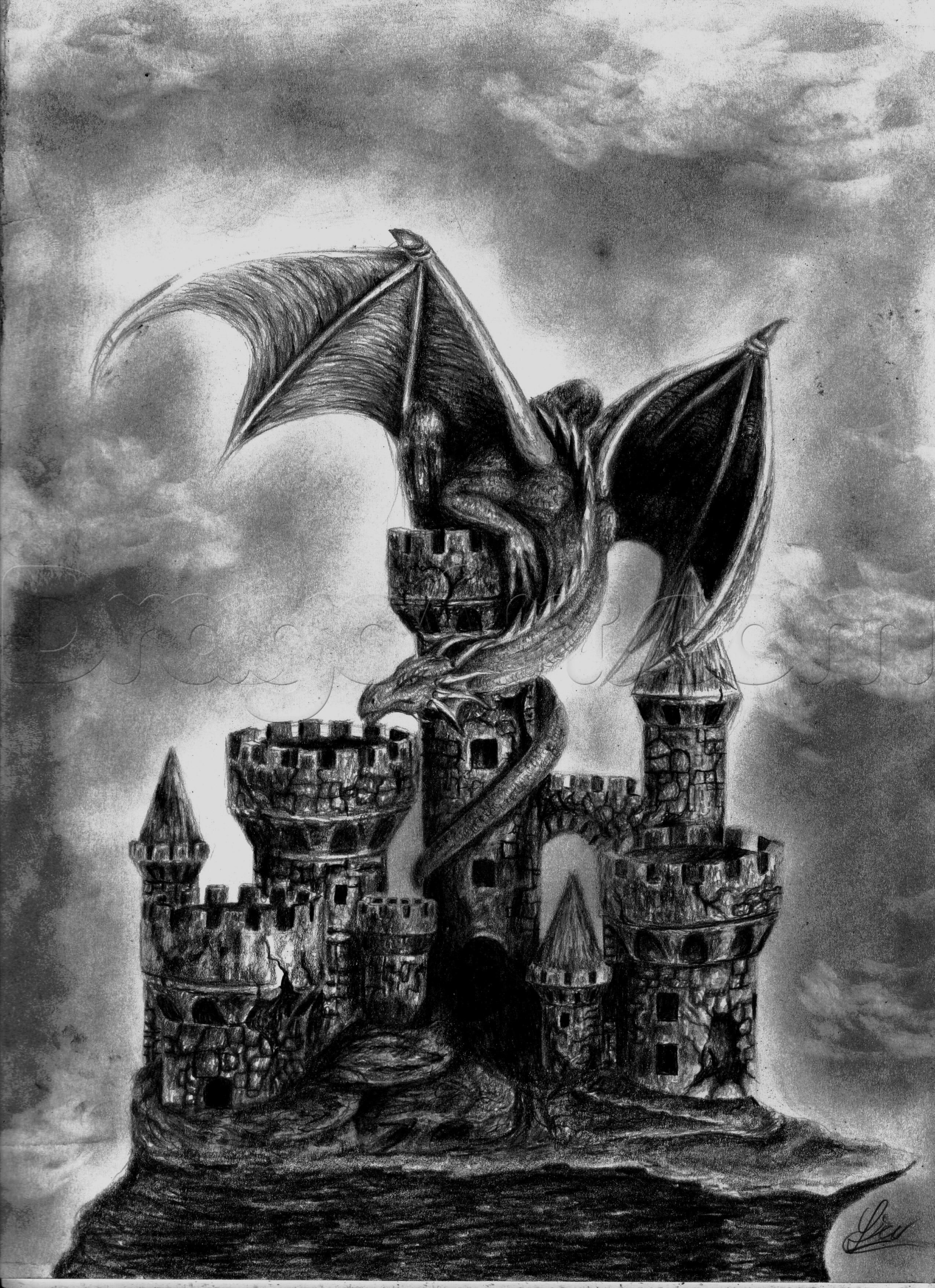 Dragon And Castle Drawing Image