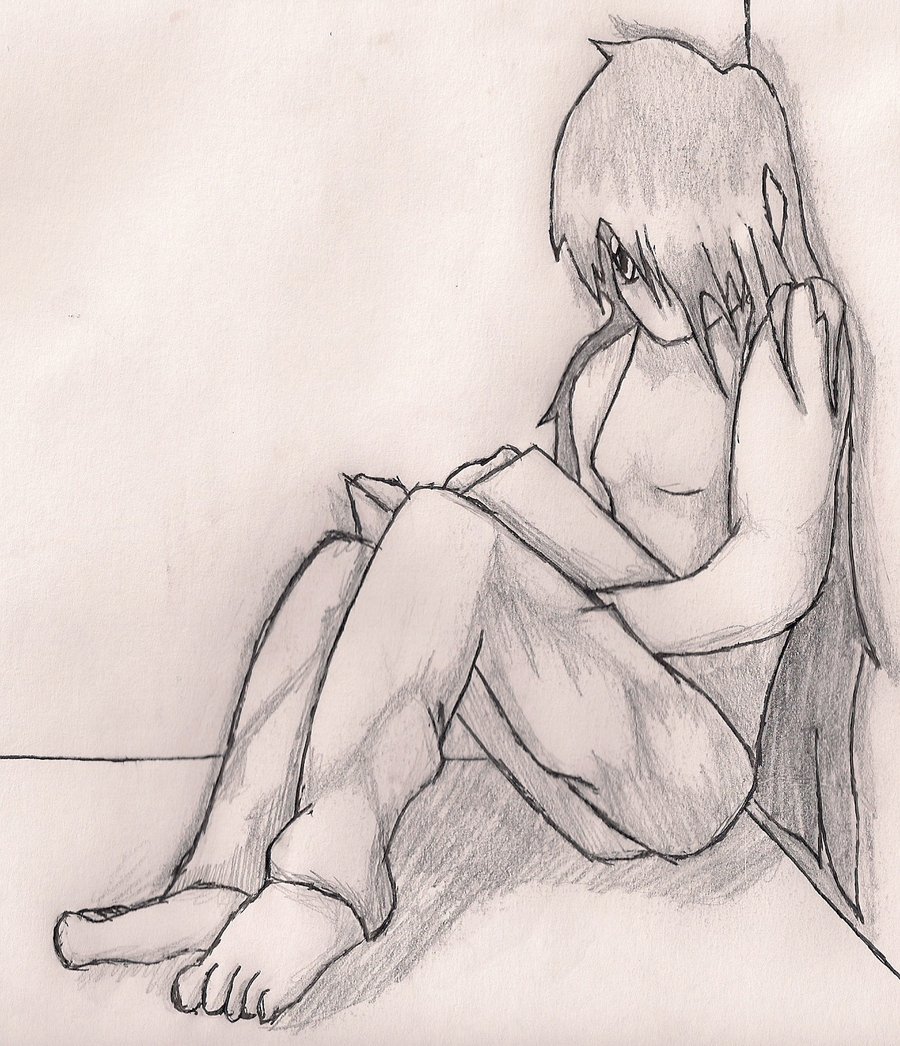 Sad Girl Sitting Down Drawing Art