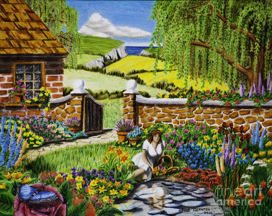 make it as water color style painting::Add a garden with lots of various  flowers bright colors