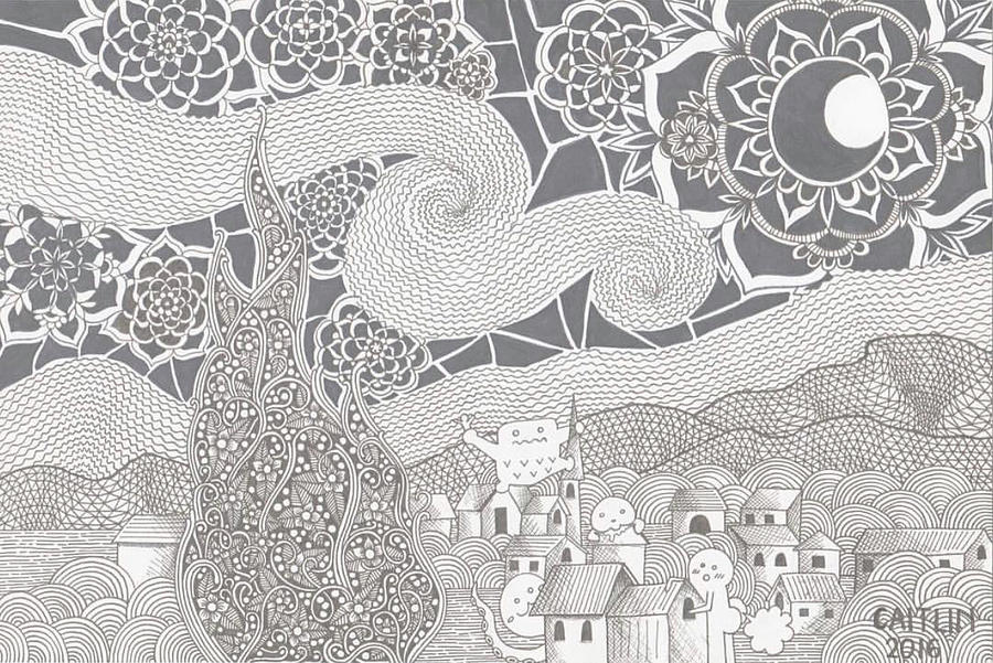 Starry Night Drawing Beautiful Image