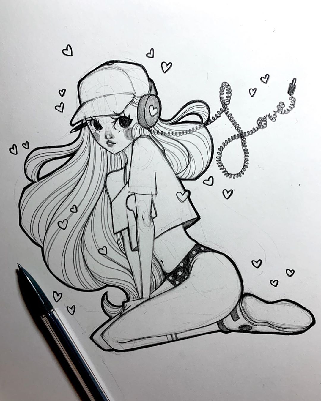 Anime Girl Headphone Drawing