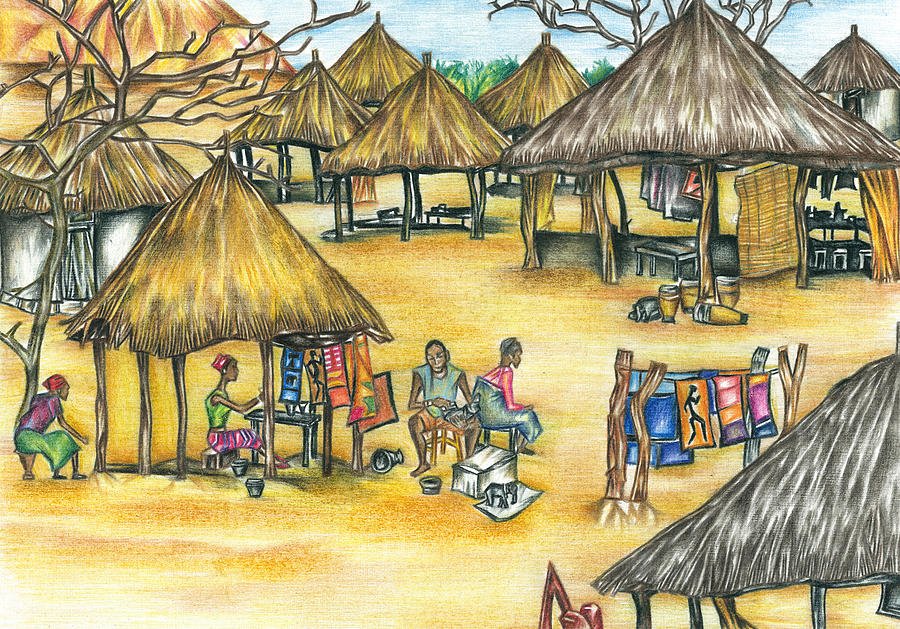 Colored Village Drawing Art