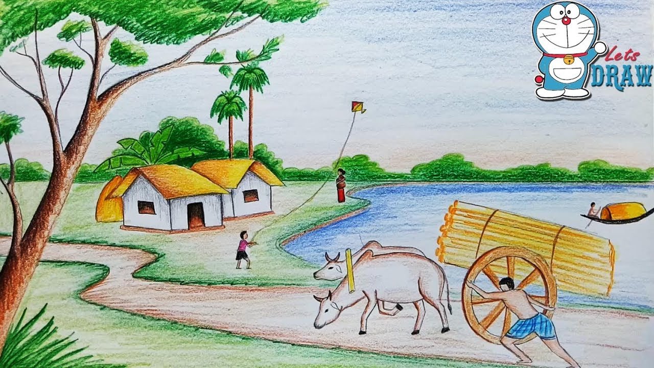 Colored Village Drawing Image