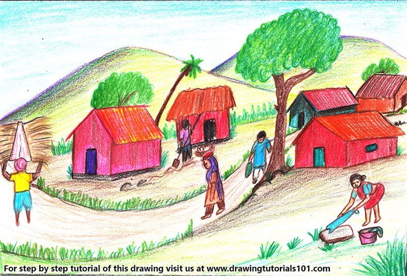 Colored Village Drawing Pic