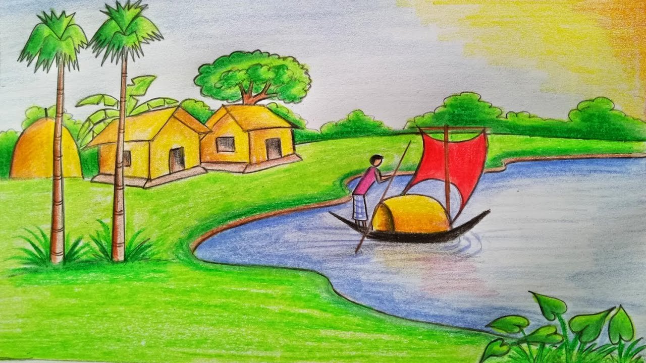 Colored Village Drawing Pics