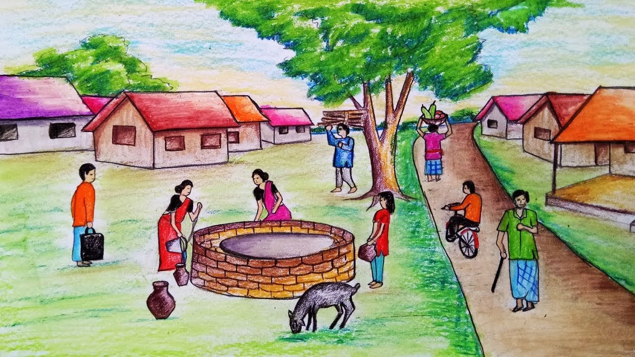 How to Draw Scenery of Village Easy || Village Landscape Drawing for Kids  with Color Pencils - YouTube