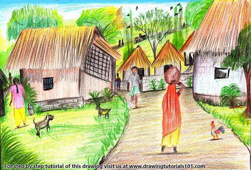 Colored Village Drawing Sketch