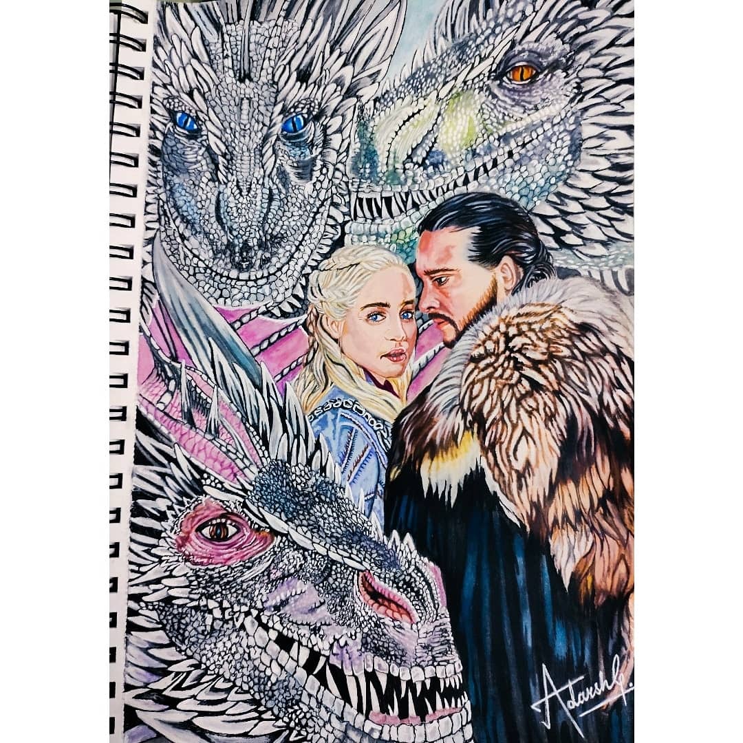 Daenerys Targaryen and Jon Snow Game of Thrones Watercolor Drawing
