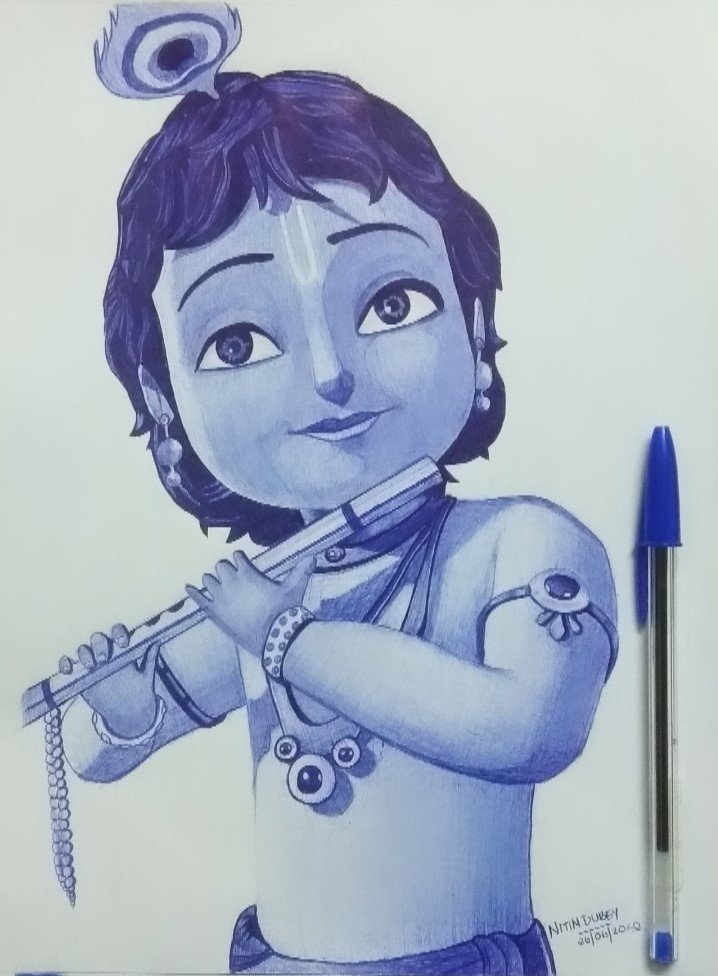 Lord Krishna Realistic Ballpoint Pen Art Drawing