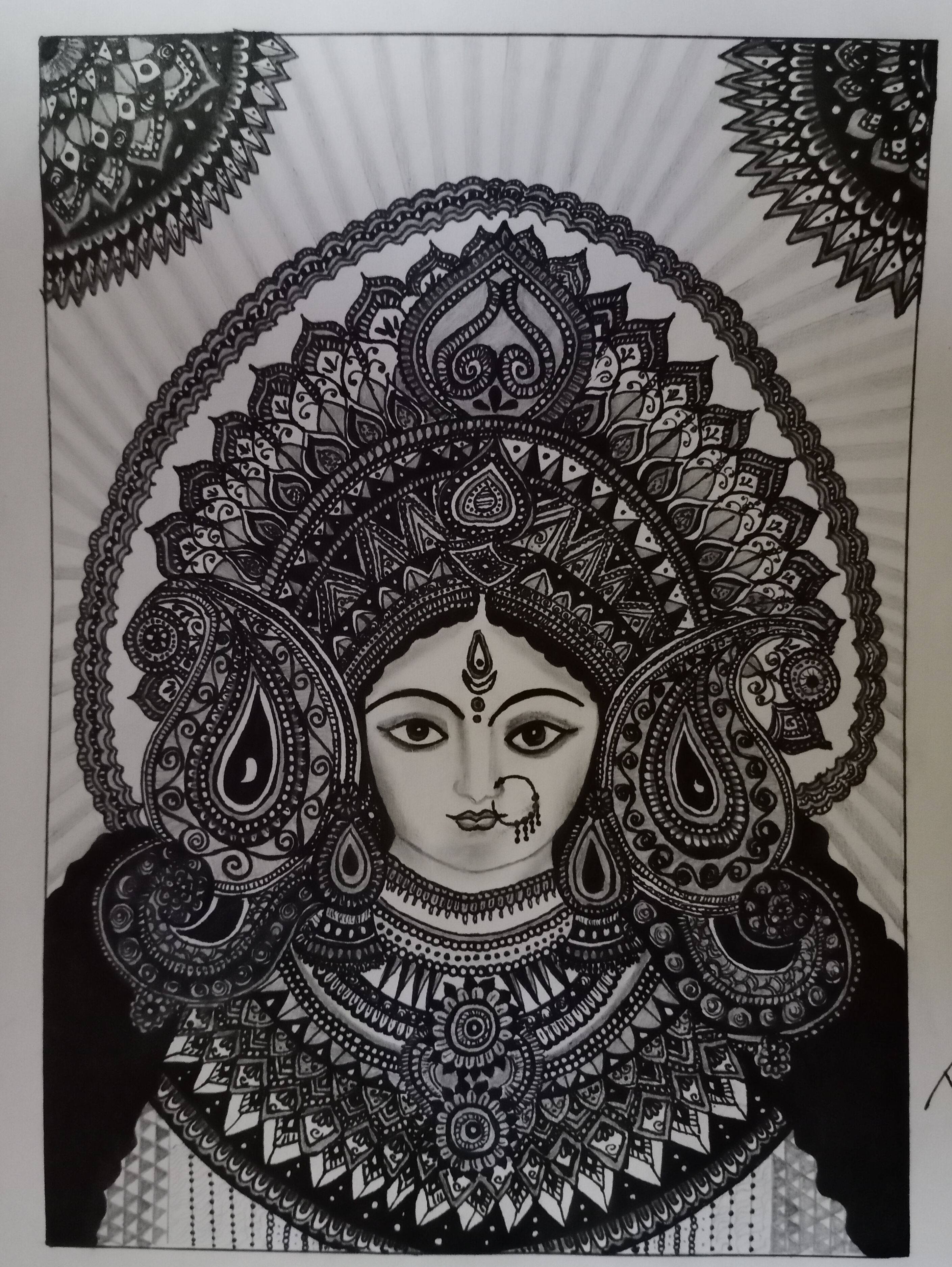Maa Durga Zentangle Art - Handpainted - 8in X 11in | SHILPAM GALLERY