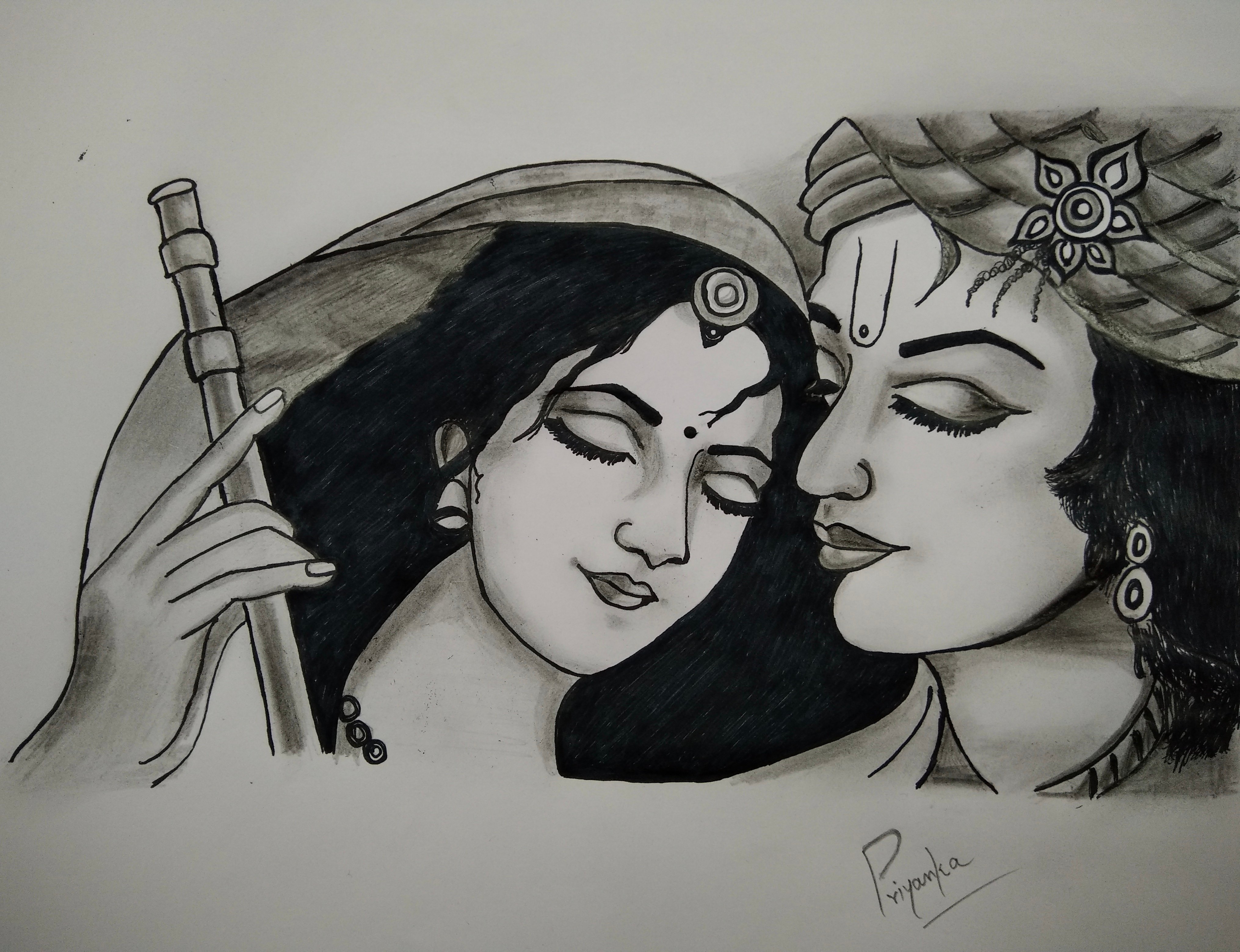 Meera And Krishna Sketch Drawing