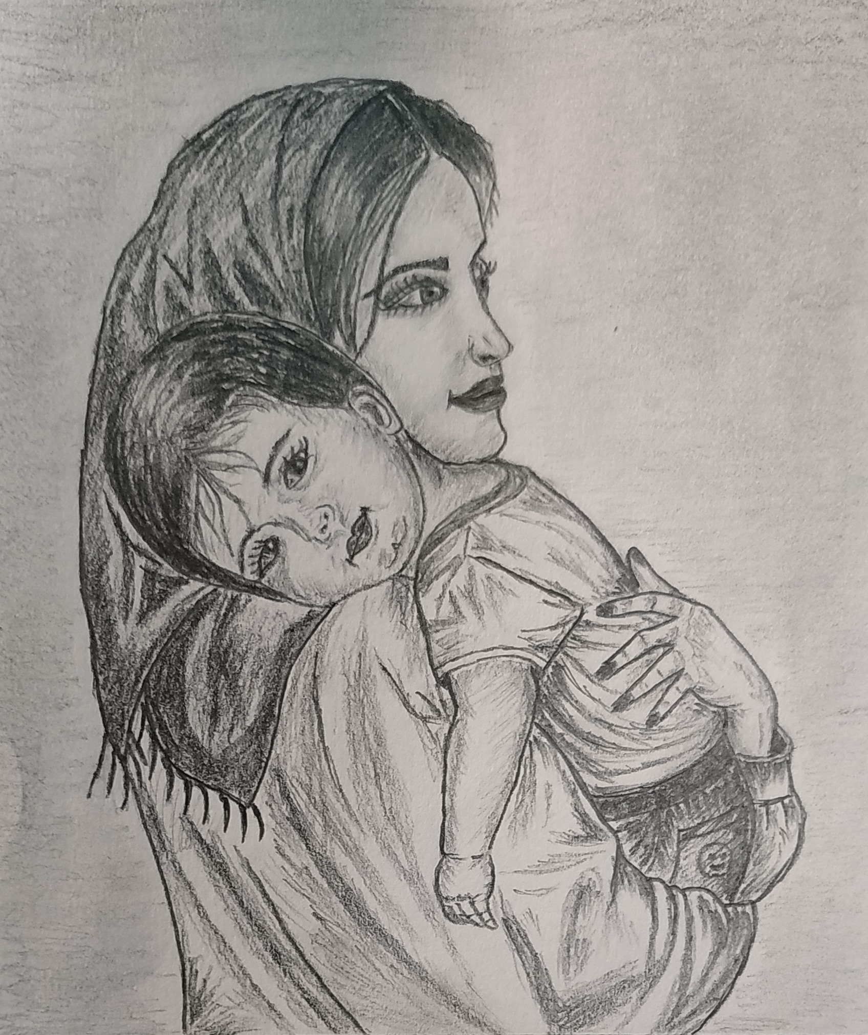 Mother and Child Drawing, Pencil, Sketch, Colorful, Realistic Art