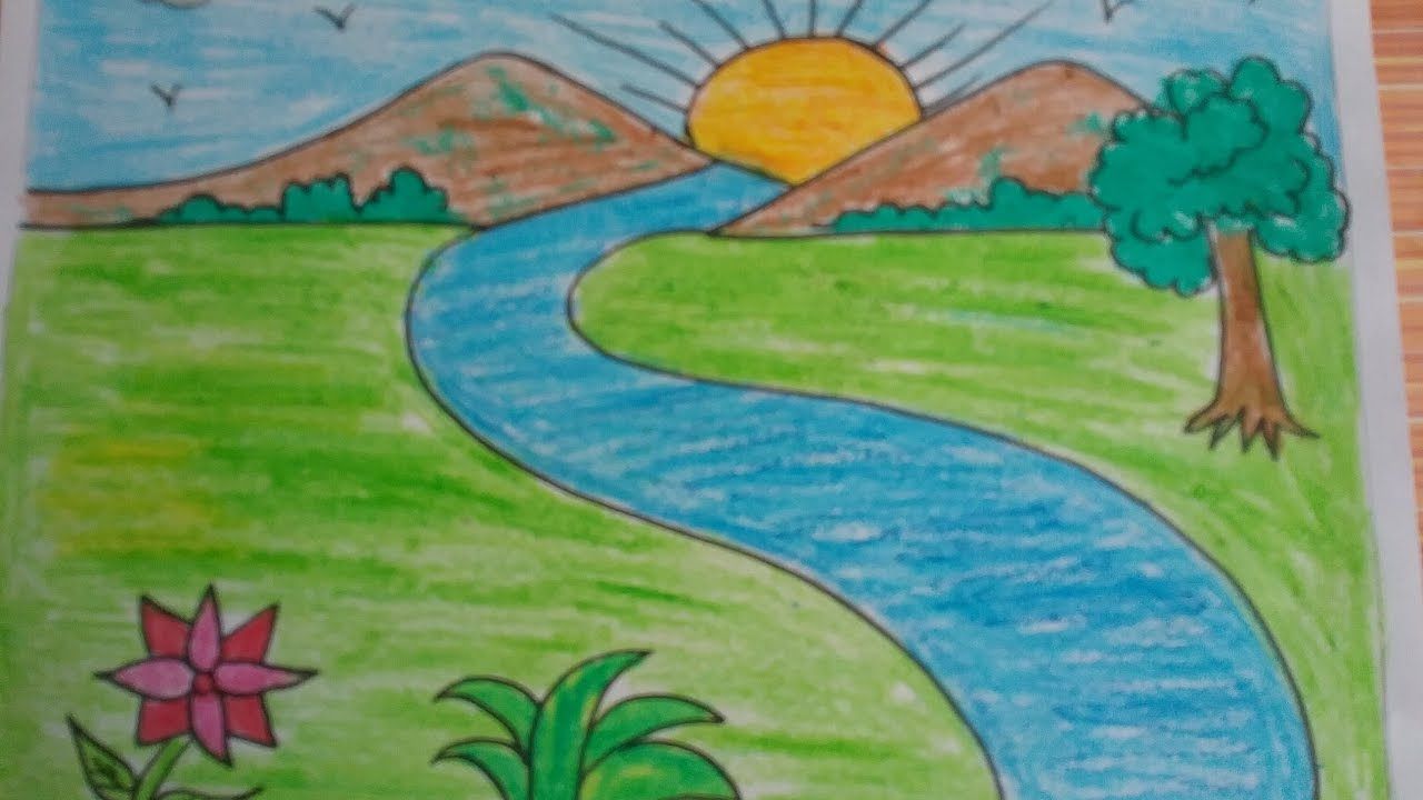 How To Draw Scenery Beach And Sunset Easy With Crayons |Drawing Nature  Scenery Beautiful - YouTube