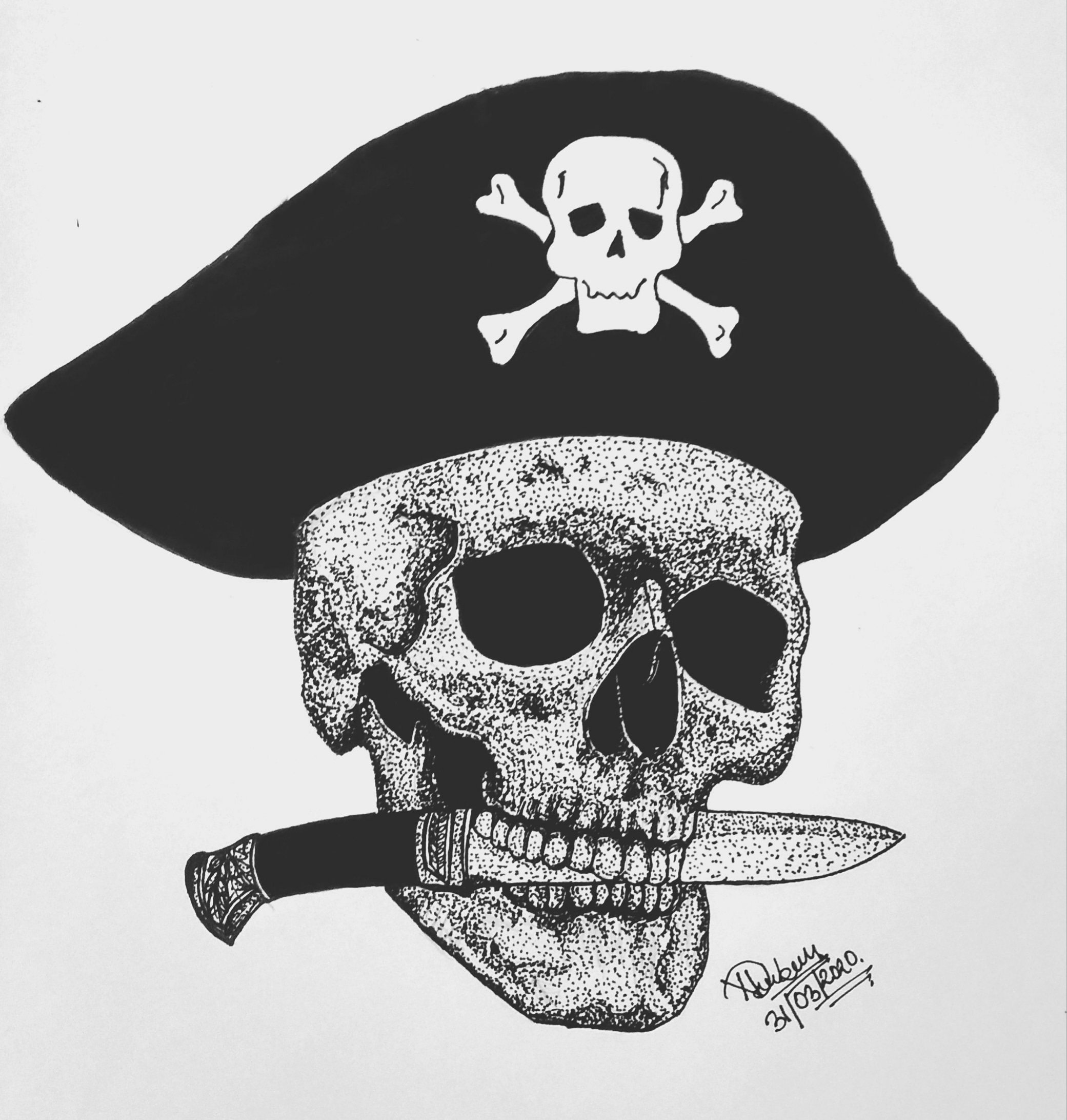 Pirate Skull Holding Knife Teeth Drawing