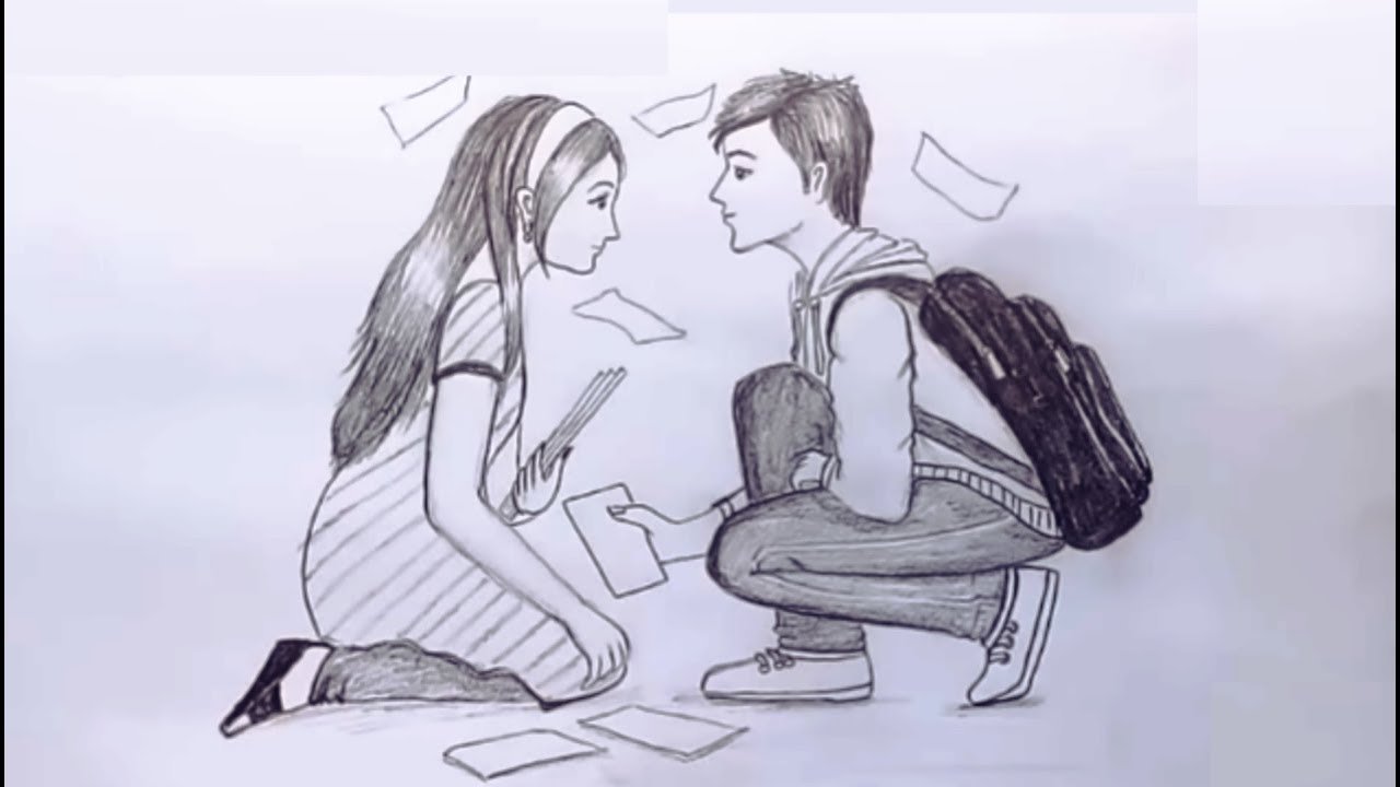 Notes paper with romantic sketch couple design