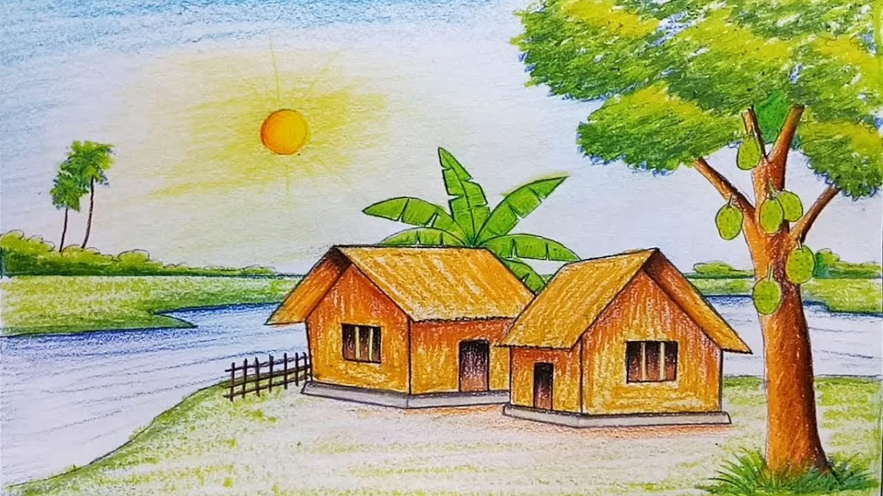 village scenery draw with house and coconut tree | Landscape drawings, Drawing  scenery, Landscape drawing easy