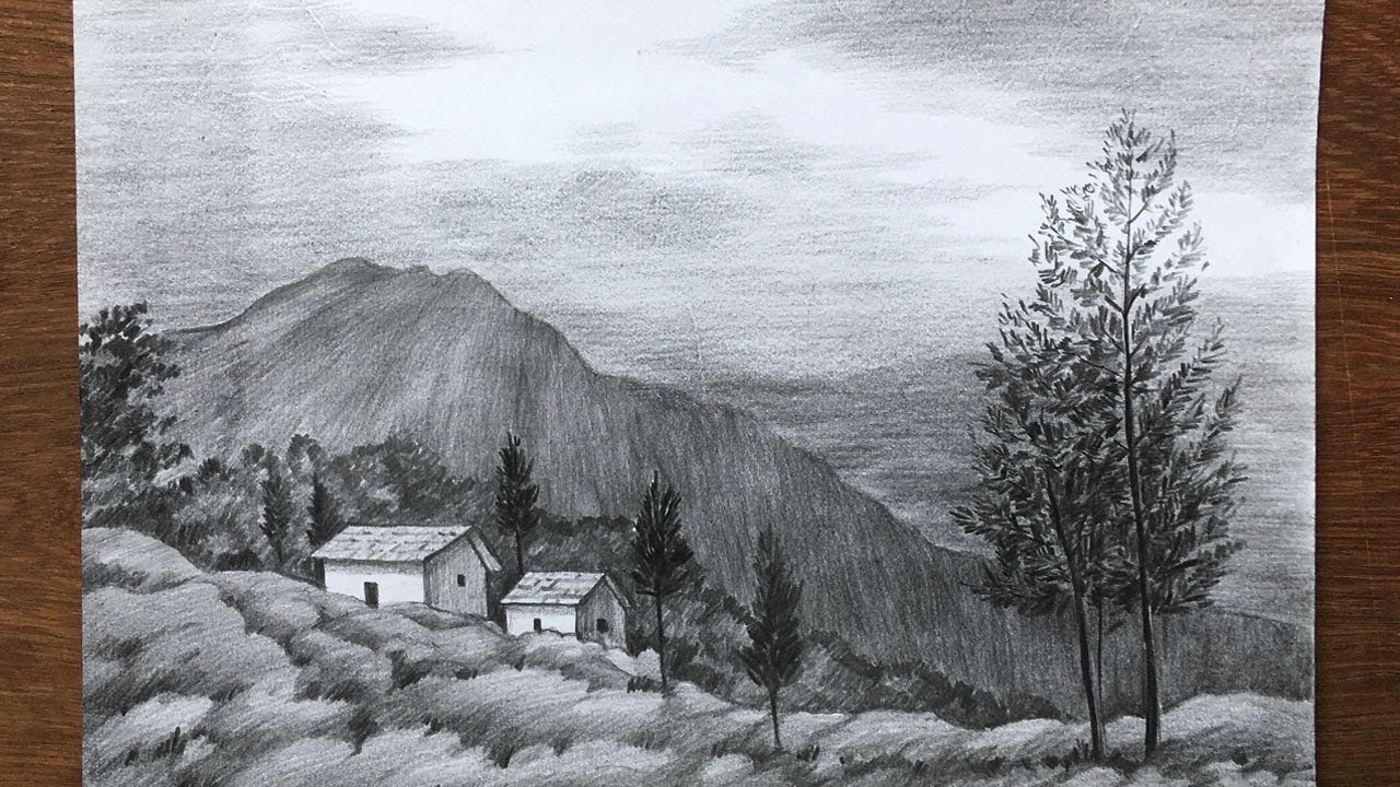 Easy landscape drawing in pencil - Scenery drawing - PaintingTube