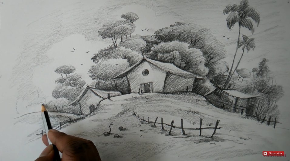 Beautiful Scenery Pencil Sketch - Desi Painters