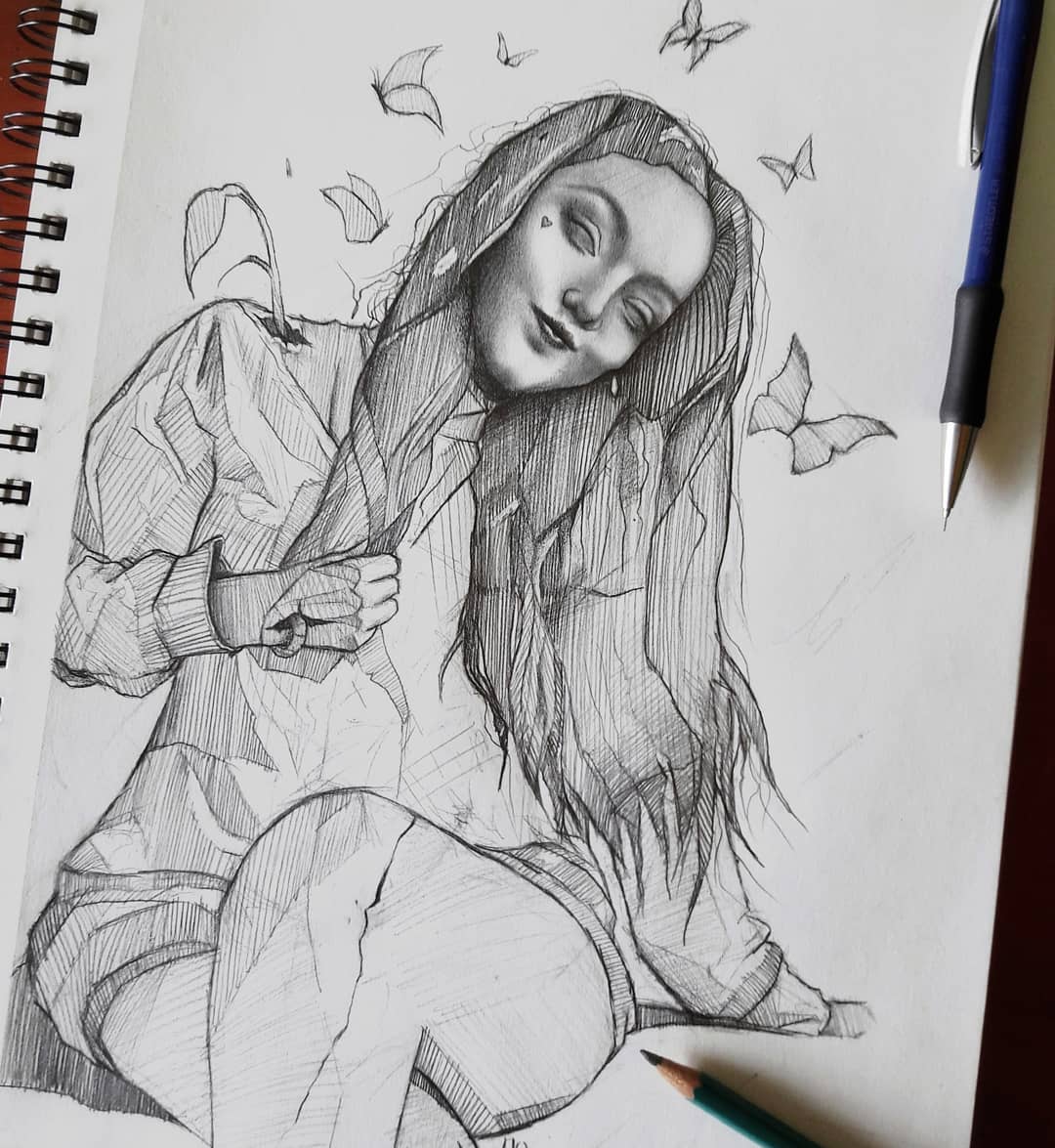 Sitting Girl Dreaming Drawing