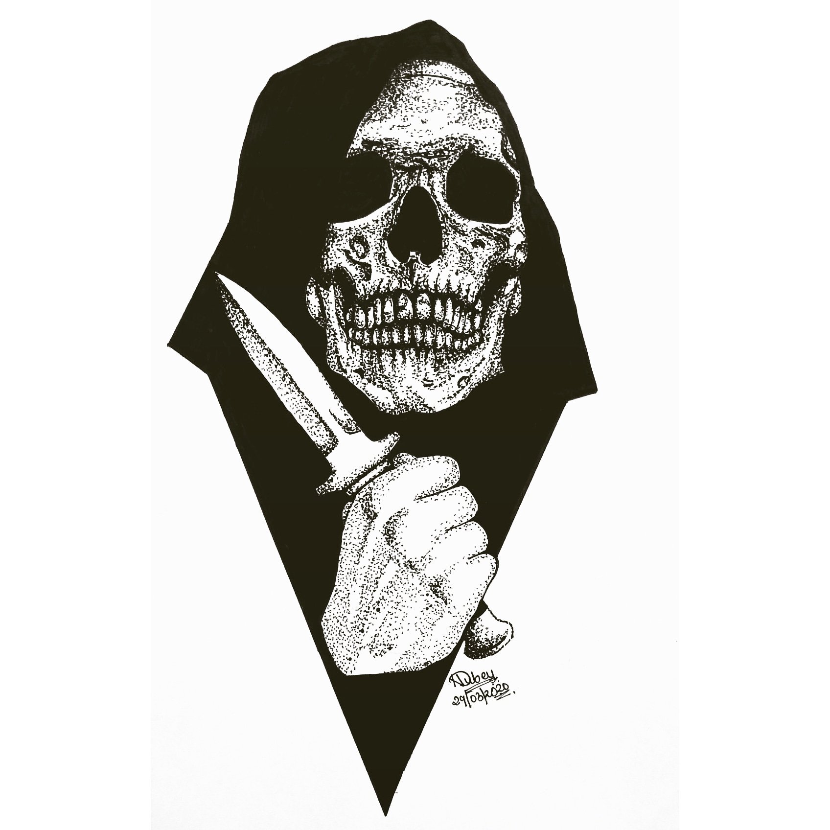 Skull Holding Knife Drawing