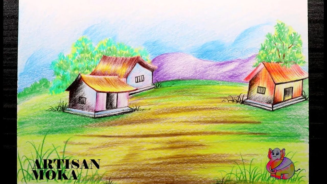 Village Oil Pastel Scenery Drawing - Easy Drawing Step By Step For Kids