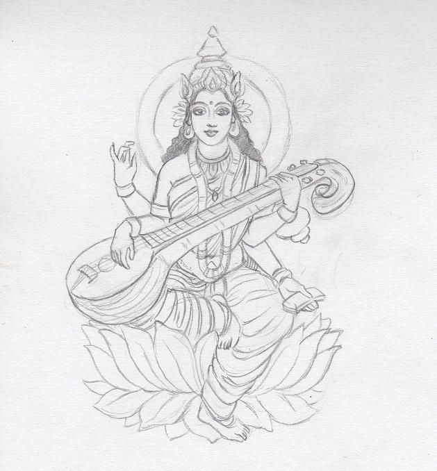 how to draw saraswati devi,maa saraswati ful figer drawing,line art maa saraswati  thakur, - YouTube