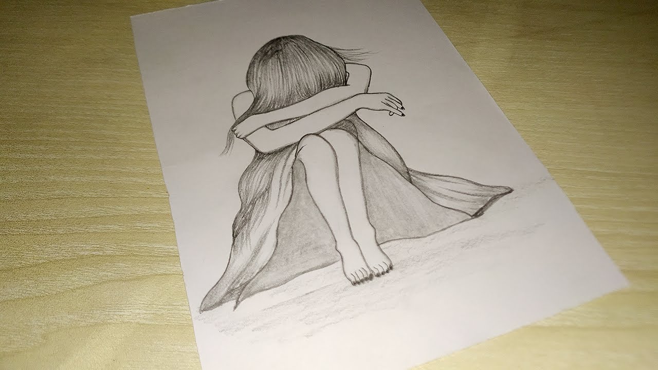 Alone Girl Drawing Beautiful Image