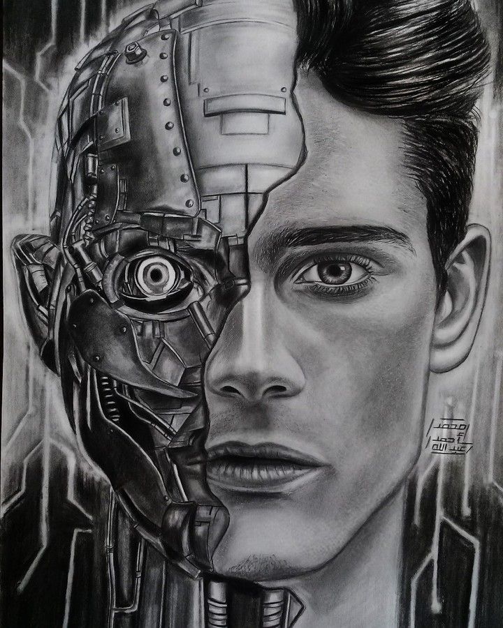 half robot face drawing