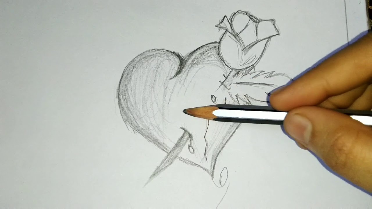 Heart And Rose Drawing Beautiful Image